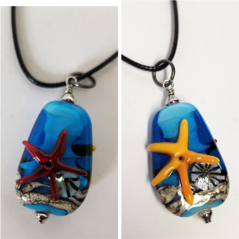 Ocean Glass Pendant Artisan Handmade Necklace Boho Bohemian Jewelry Starfish